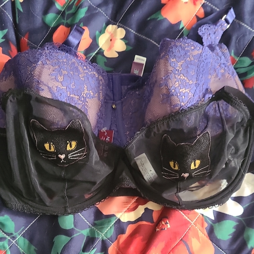 Adore Me Black and Purple Cat Lace Bra